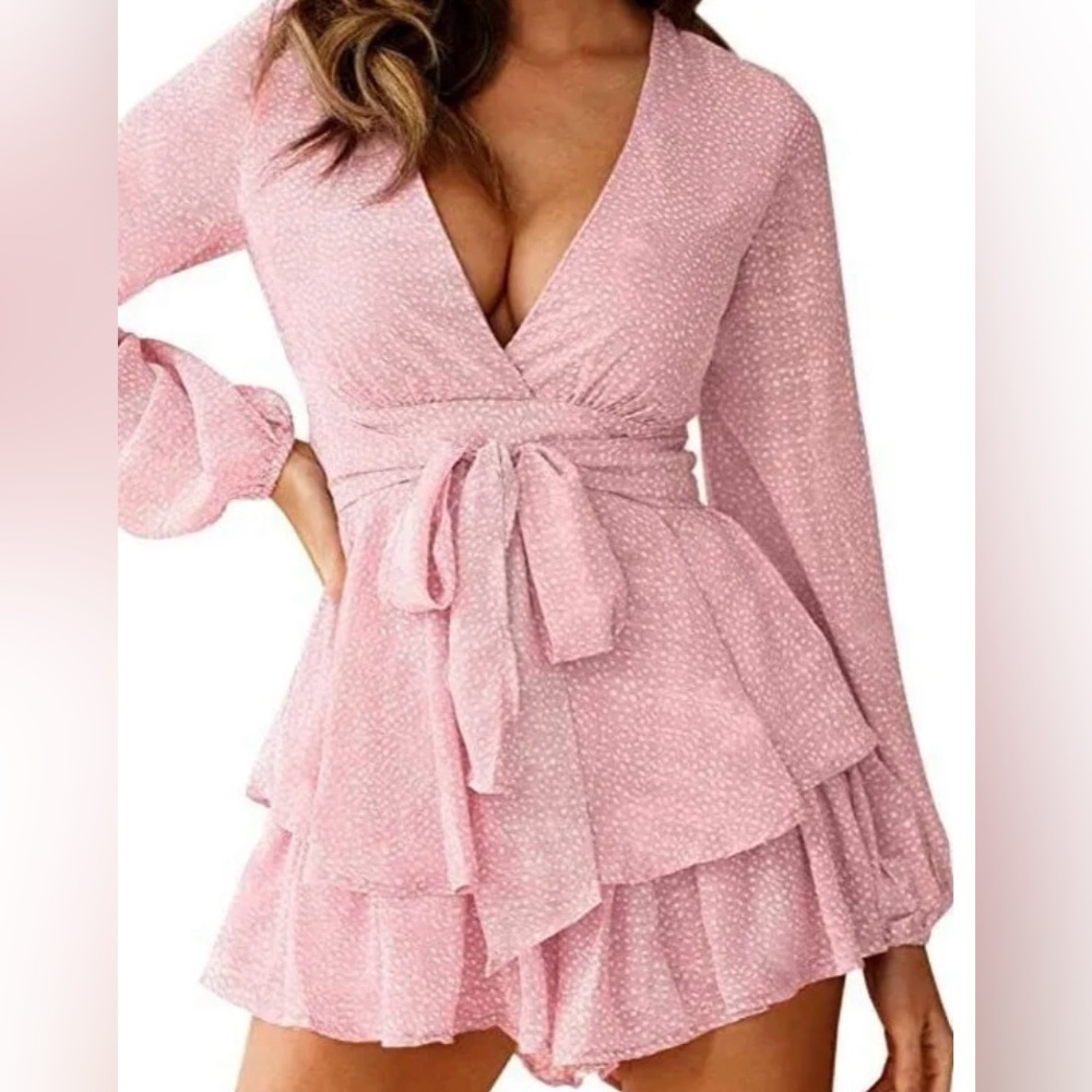 Textured Dot Print Ruffle Romper - Picture 2 of 14
